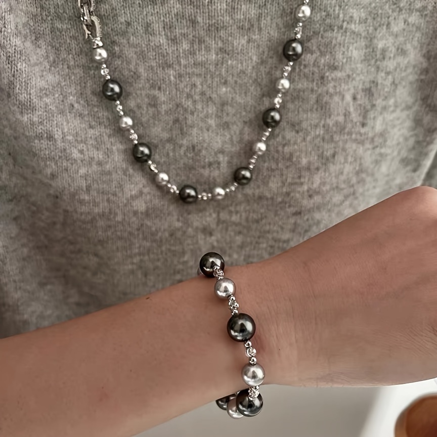 Gray Mixed Pearl Necklace Bracelet Set - Wedding Gift